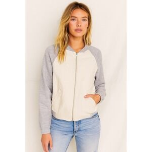 Ann Taylor Loft  Bomber Jacket Sz M White Gray Cotton Lined Casual Chic Relaxed